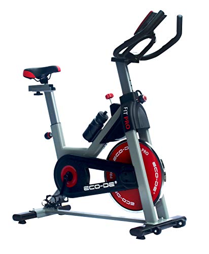 ECO-DE Bicicleta Spinning Fit Pro. Uso semiprofesional con pulsómetro, Pantalla LCD y Resistencia Variable. Estabilizadores. Completamente Regulable.Rueda de inercia de 20kgrs