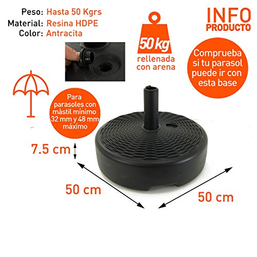 Edenjardi Base para Parasol de jardín rellenable Redonda en Color Negro, Tamaño: 50x50x14 cm, Peso: 50 Kg, Mástil de 32 a 48 mm,Material: Polietileno de Alta Densidad (HDPE)