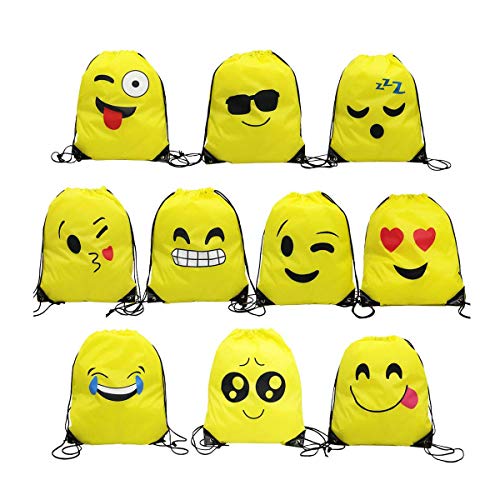 Emoji Bolsas de Cuerdas,TANGGER 10 Piezas Bolsa de gimnasio Emoji para niños Bolsas de fiesta de cumpleaños Bolsa de regalo Artículos de fiesta Regalo de Navidad