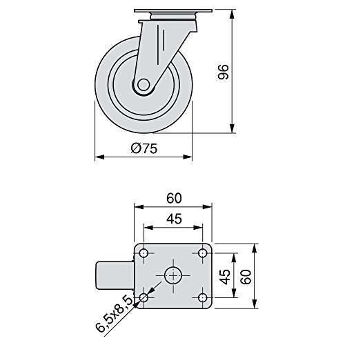 Emuca - Lote de 4 ruedas pivotantes para mueble Ø75mm con placa de montaje y rodamiento de bolas, ruedas de goma para muebles color gris