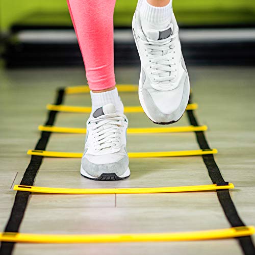 Escalera de Velocidad Coordinación Agilidad 6M| 12 Peldaños 10 Conos & 4 Clavijas| Alta Calidad y Duradero - Fútbol Deportes Entrenamiento Fitness para Niños Adultos| con Bolsa Transporte.