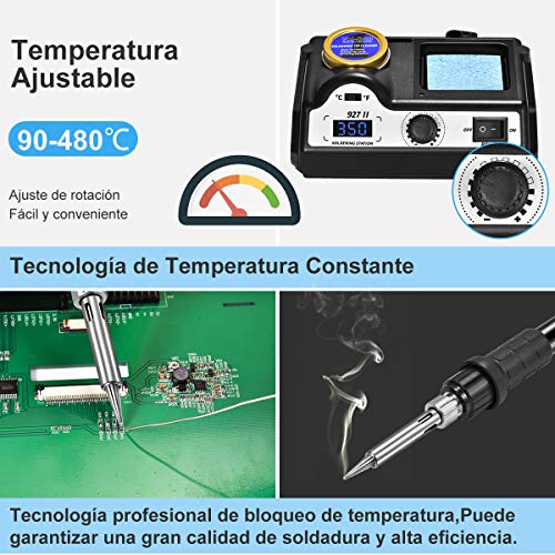 Estación de Soldadura,Preciva 60W 90-480℃ Kit del Soldador Eléctrico Profesional con Pantalla Led digital,5 PCS Punta soldador, 0.8 mm Alambre de soldadura sin plomo