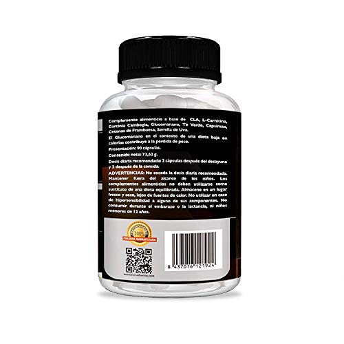 Exclusivo Termogénico y Adelgazante Con Potente Acción Quemagrasas | Garcinia Cambogia + L-Carnitina + CLA + Glucomanano + Te Verde | Estimula el Metabolismo | Reduce el Apetito | 90 cápsulas.