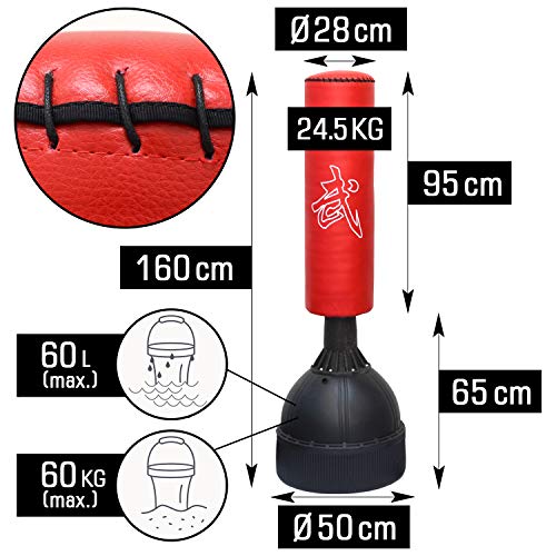 EYEPOWER Saco de Boxeo con Base de Pie | Saco de Suelo para Adultos 160 cm de Alto | Deporte Artes Marciales Kick Boxing Entrenamiento puñetazos Patadas | Negro Rojo