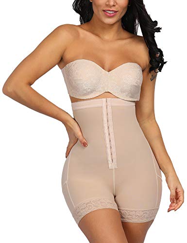 FeelinGirl Mujer Shapewear Modeladora Faja Reductora Adelgazantes Bodysuit de Cintura con Pierna Largo Dobladillo de Encaje Beige Cintura 96-102cm(3XL/Talla 48)