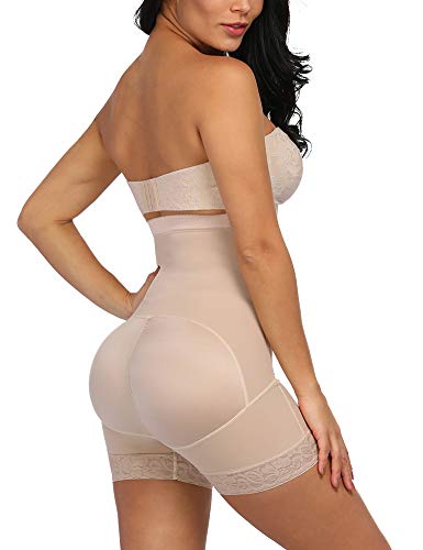 FeelinGirl Mujer Shapewear Modeladora Faja Reductora Adelgazantes Bodysuit de Cintura con Pierna Largo Dobladillo de Encaje Beige Cintura 96-102cm(3XL/Talla 48)