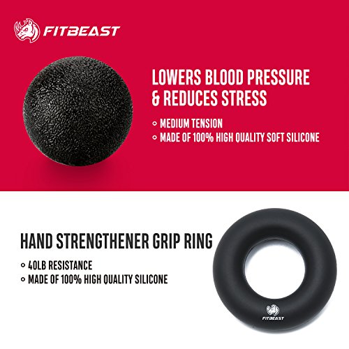 FitBeast Kit de Entrenamiento para Ejercitar el Agarre – Paquete de 5 Piezas, Pinzas para Manos Ajustables, Ejercicio para Dedos, para Estirar los Dedos, Anillo para Entrenar y Pelota Anti Estrés