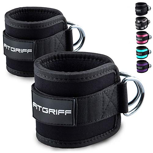 Fitgriff® Tobillera para Polea (Acolchado)- 2 Piezas Correas Tobillos Gym Cable Maquinas, Gimnasio, Fitness - Mujeres y Hombres - Black