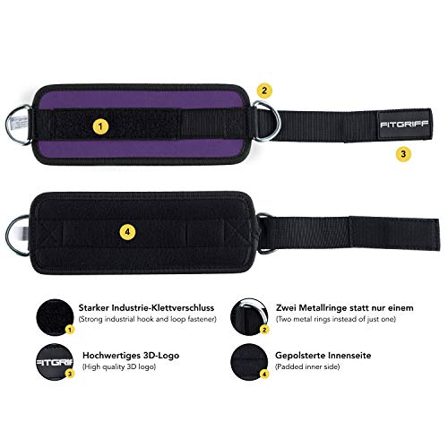 Fitgriff® Tobillera para Polea (Acolchado)- 2 Piezas Correas Tobillos Gym Cable Maquinas, Gimnasio, Fitness - Mujeres y Hombres - Purple