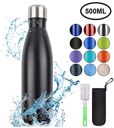 flintronic Botella Termica, 500ML Botella de Agua de Acero Inoxidable, Aislamiento de Vacío de Doble Pared, Botellas de Frío/Caliente Sin BPA & Eco Friendly, con 1 Portavasos y 1 Cepillo