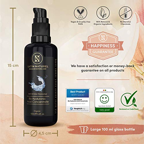 GANADOR 06/20* Serum Facial de Acido Hialuronico Puro ORGÁNICO 3 VECES MAYOR 100ml - Altamente Dosificado y Vegano con Aloe Vera – Uso con Crema Antiarrugas Mujer - Contorno Ojos - Hecho en Alemania