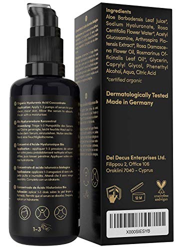 GANADOR 06/20* Serum Facial de Acido Hialuronico Puro ORGÁNICO 3 VECES MAYOR 100ml - Altamente Dosificado y Vegano con Aloe Vera – Uso con Crema Antiarrugas Mujer - Contorno Ojos - Hecho en Alemania