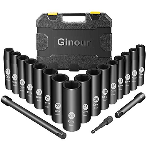 Ginour 1/2” Juego de Llaves de Vasos de Impacto, 19psc impacto de sockets, Vasos de Impacto Hexágono torque que trabaja con llaves de impacto, taladros eléctricos, para reparación de autos o muebles