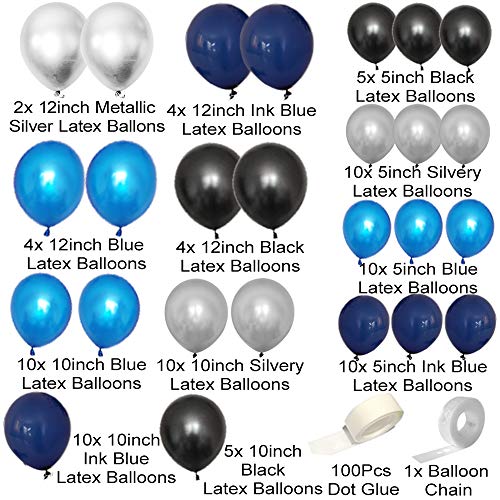 Globos de fiesta de cumpleaños de color azul, negro, plateado y azul marino, 105 unidades, con globos de helio y estrella, guirnalda y arco de látex