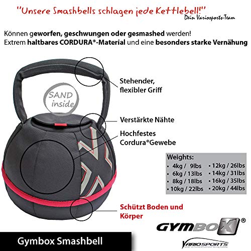 GYMBOX® Bolsa de Arena/Pesas Rusas/Kettlebell/Fitness Bag/Power Bag | Entrenamiento Muscular/Funcional/de Pesas Libres | Puede Estar llenado con Arena | Negro, 12 kg | vacío