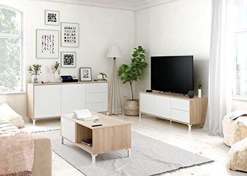 Habitdesign 016623F - Mueble aparador, Modelo Brooklyn, Melamina, Roble Canadian y Blanco Artik, Medidas: 154 cm (Ancho) x 74 cm (Alto) x 41 cm (Fondo)