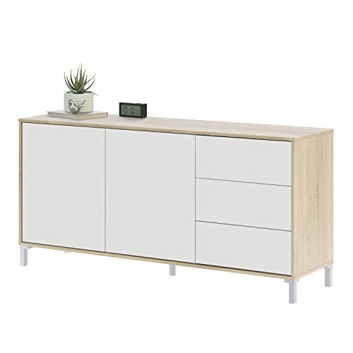 Habitdesign 016623F - Mueble aparador, Modelo Brooklyn, Melamina, Roble Canadian y Blanco Artik, Medidas: 154 cm (Ancho) x 74 cm (Alto) x 41 cm (Fondo)