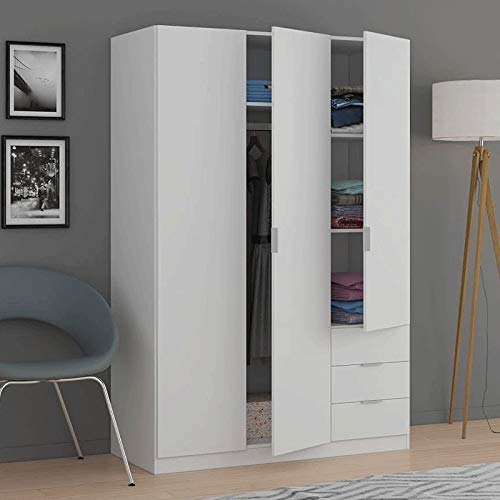 Habitdesign LCX323O - Armario ropero de Tres Puertas y Tres cajones, Color Blanco Mate, Medidas 121 cm (Largo) x 180 cm (Alto) x 52 cm (Fondo)