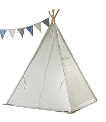 Haus Projekt Tienda Tipi para niños con Luces de Hadas, empavesado y Base Impermeable incluida - Tienda para Jugar e Imaginar, 100% algodón, para Interior / Exterior (Empavesado Azul)