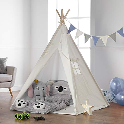 Haus Projekt Tienda Tipi para niños con Luces de Hadas, empavesado y Base Impermeable incluida - Tienda para Jugar e Imaginar, 100% algodón, para Interior / Exterior (Empavesado Azul)