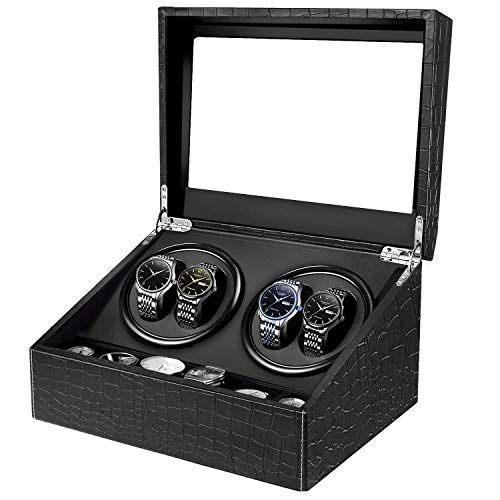 HBselect Caja Relojes Automaticos Silencioso Cajas Giratorias para Relojes (para 4+ 6 Relojes) Negro Clásico Caja De Relojes Mecánicos Caja Bobinadora