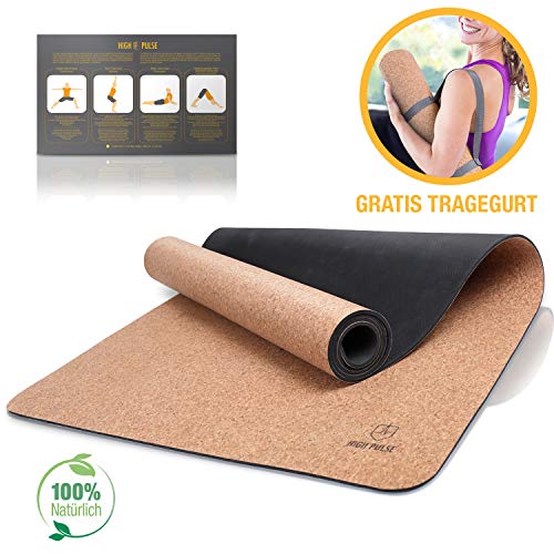 High Pulse® Yoga Mat (185 x 66) Corcho + cinturón de Transporte - Esterilla Antideslizante para Yoga, Pilates y Fitness – 100% sostenible