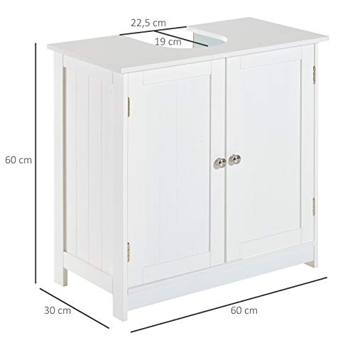 HOMCOM Armario para Debajo del Lavabo o Fregadero Tipo Gabinete de Almacenaje de Madera Blanca 60x30x60cm