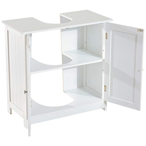 HOMCOM Armario para Debajo del Lavabo o Fregadero Tipo Gabinete de Almacenaje de Madera Blanca 60x30x60cm