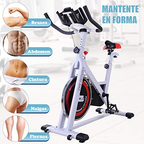 HOMCOM Bicicleta Estática Bicicleta de Fitness Pantalla LCD Asiento y Manillar Ajustable Resistencia Regulable Carga 120kg 107x48x100cm Acero Blanco