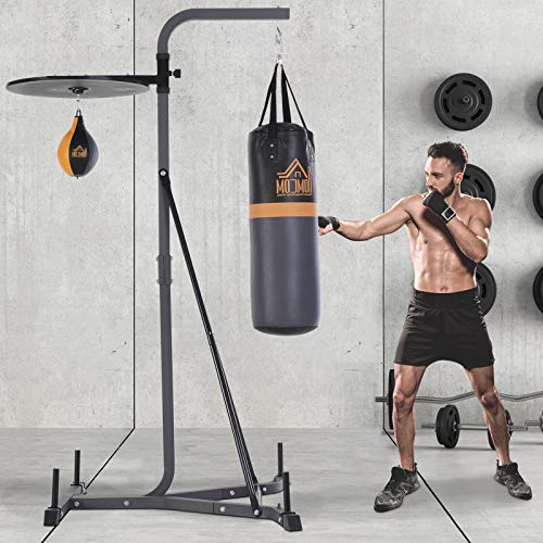 HOMCOM Sacos de Boxeo con Soporte Regulable en Altura en 4 Niveles 166.5cm - 181.5cm Incluye Bola Velocidad de Boxeo Tipo Pera 104x156x202cm