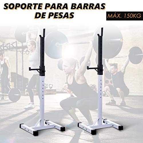 HOMCOM Soporte Estante Ajustable Barra Levantamiento Pesas Gimnasio MAX 150 KG Acero (Blanco)