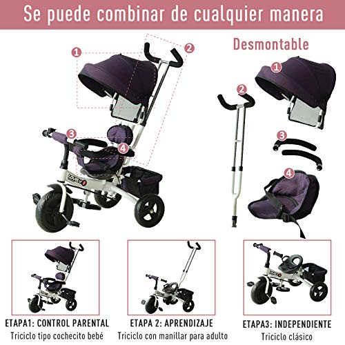 HOMCOM Triciclo para Niños con Capota Desmontable y Plegable para Mayores de 18 Meses Incluye Barra Telescópica para Los Padres Certificado EN71-1-2-3 Color Morado y Blanco 92x51x110cm