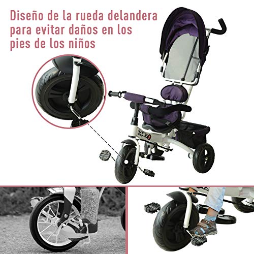 HOMCOM Triciclo para Niños con Capota Desmontable y Plegable para Mayores de 18 Meses Incluye Barra Telescópica para Los Padres Certificado EN71-1-2-3 Color Morado y Blanco 92x51x110cm