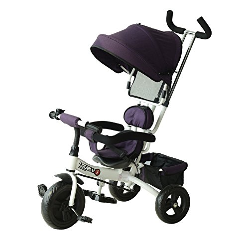 HOMCOM Triciclo para Niños con Capota Desmontable y Plegable para Mayores de 18 Meses Incluye Barra Telescópica para Los Padres Certificado EN71-1-2-3 Color Morado y Blanco 92x51x110cm