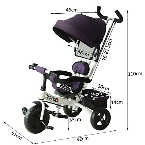 HOMCOM Triciclo para Niños con Capota Desmontable y Plegable para Mayores de 18 Meses Incluye Barra Telescópica para Los Padres Certificado EN71-1-2-3 Color Morado y Blanco 92x51x110cm