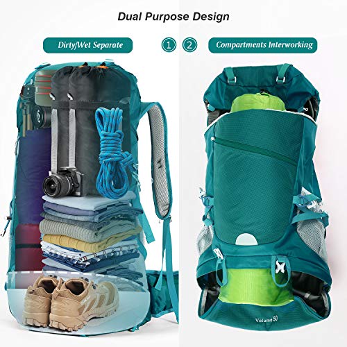 HOMIEE Mochila de Senderismo de 50 litros, Macutos de Senderismo Impermeable Multifuncional, Mochilas de caminoso para Senderismo, Viaje, Deportes al Aire Libre, etc (Mochila de Color Esmeralda)