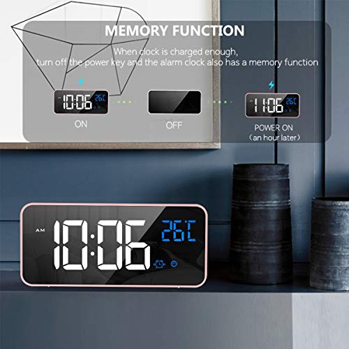 HOMVILLA Reloj Despertador Digital con Pantalla LED de Temperatura, Alarma de Espejo Portátil con Alarma Doble Tiempo de Repetición 4 Niveles de Brillo Regulable 13 Música Despertadores Digitales