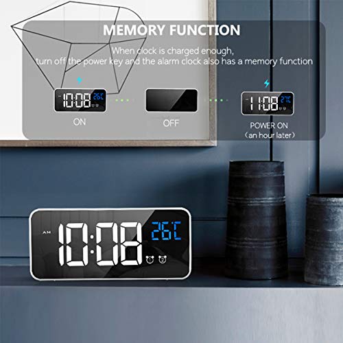 HOMVILLA Reloj Despertador Digital con Pantalla LED de Temperatura, Alarma de Espejo Portátil con Alarma Doble Tiempo de Repetición 4 Niveles de Brillo Regulable 13 Música Despertadores Digitales