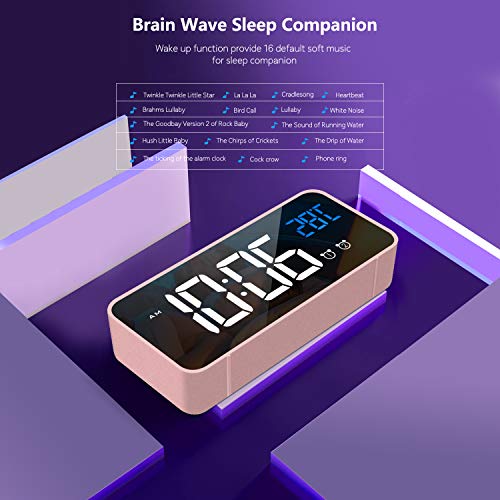 HOMVILLA Reloj Despertador Digital con Pantalla LED de Temperatura, Alarma de Espejo Portátil con Alarma Doble Tiempo de Repetición 4 Niveles de Brillo Regulable Dimmer 13 Música Puerto de Carga USB