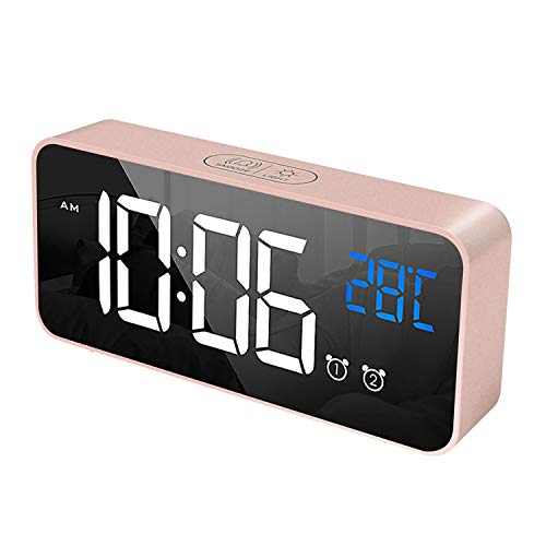 HOMVILLA Reloj Despertador Digital con Pantalla LED de Temperatura, Alarma de Espejo Portátil con Alarma Doble Tiempo de Repetición 4 Niveles de Brillo Regulable Dimmer 13 Música Puerto de Carga USB