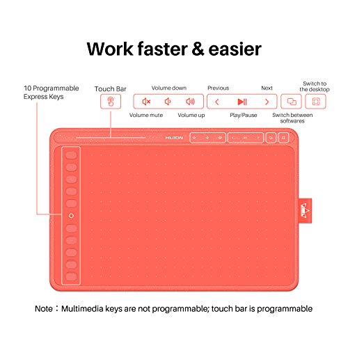 HUION Tableta Gráfica HS611 (Rojo Coral) 10x6 Pulgadas Equipado con Teclas Multimedia y Barra Táctil, 10 Teclas de Prensa Programables, Compatibles con Windows/macOS/Android