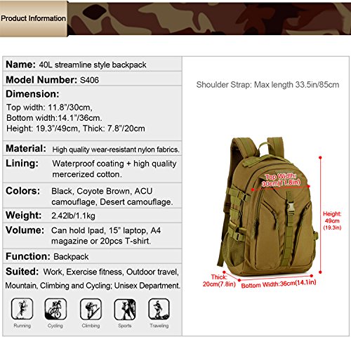 Huntvp Mochila de Asalto Estilo Militar Táctical Bolsa Impermeable de Nylon 40L para Las Actividades Aire Libre Senderismo Caza Viajar Color Marrón