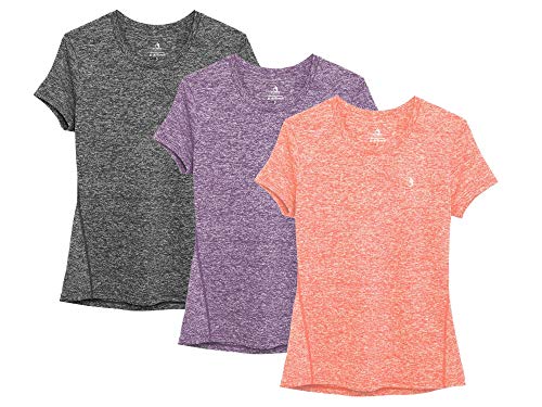 icyzone Camiseta de Fitness Deportiva de Manga Corta para Mujer, Pack de 3 (L, Carboncillo/Lavanda/Melocotón)