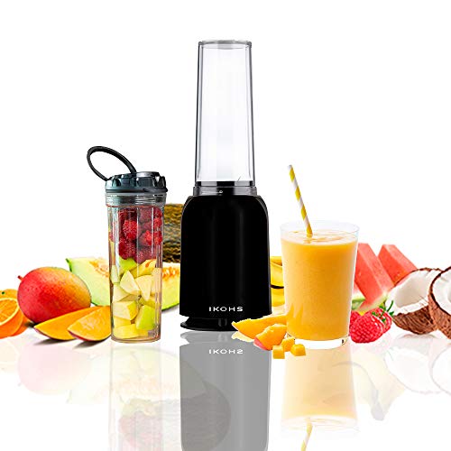 IKOHS Batidora de Vaso MOI - Batidora de Vaso Individual para Smoothies y Batidos, 230 W, Individual, Portátil, Cuchillas de Acero Inoxidable, 230W, Libre de BPA, Diseño Exclusivo, Color Negro