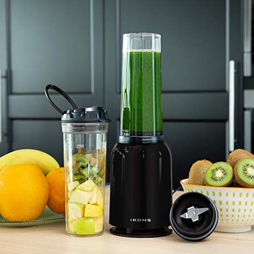 IKOHS Batidora de Vaso MOI - Batidora de Vaso Individual para Smoothies y Batidos, 230 W, Individual, Portátil, Cuchillas de Acero Inoxidable, 230W, Libre de BPA, Diseño Exclusivo, Color Negro