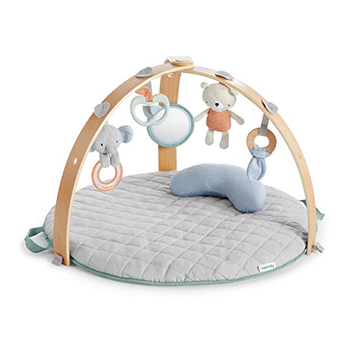 Ingenuity 12126 - Gimnasio de actividades cozy spot, alfombra reversible, arco de juego de madera con juguetes, 0+ meses, unisex