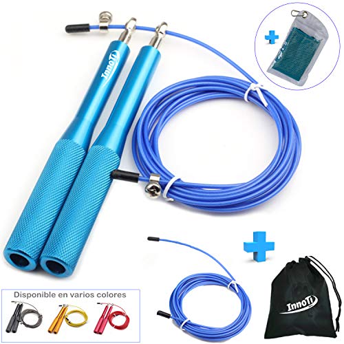 InnoTi Comba de Crossfit para Hombre y Mujer - Cuerda de Saltar de Alta Velocidad para Boxeo y Fitness - Comba de Alumino Ligera Saltos Dobles - Ajustable y con Cable Extra de Repuesto (Azul)