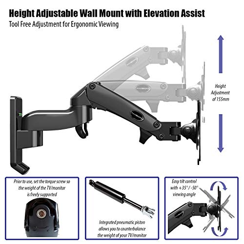 Invision Soporte de Pared para Monitor de PC y TV, Para Pantallas 17-27", Ergonómico Único Soporte y Altura Ajustable con Inclinación Giratoria y Rotativa, VESA 75x75mm y 100x100mm, Peso 2-7kg [MX250]