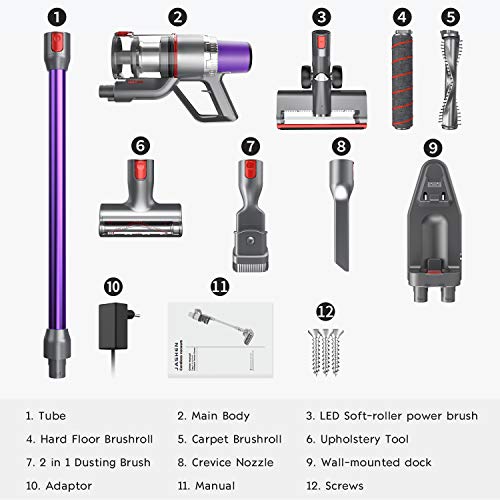 JASHEN Aspirador sin Cable, 350W Motor Digital Brushless 2500mAh Batería Extraíble de Ion-Litio 40 Minutos,LED Pantalla Inteligente, 3 Velocidades con Cepillo de Mascota (púrpura V16)