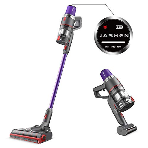 JASHEN Aspirador sin Cable, 350W Motor Digital Brushless 2500mAh Batería Extraíble de Ion-Litio 40 Minutos,LED Pantalla Inteligente, 3 Velocidades con Cepillo de Mascota (púrpura V16)